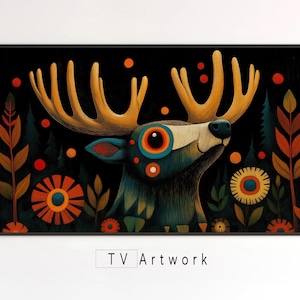 May include: A colorful illustration of a deer with large antlers in a dark forest setting. The deer has a blue and green eye and is surrounded by stylized flowers and trees.