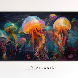 Samsung Frame TV Art | Neon Jellyfish Party | Colorful, Abstract, Ocean Landscape | Digital Artwork for The Frame TV.