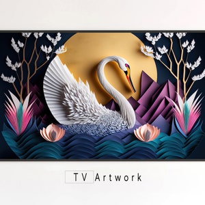 Samsung The Frame TV Art / Origami Swan of Loon Lake / Colorido, abstracto, retrato animal / Ilustración digital para visualización virtual