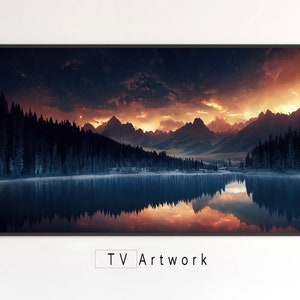 May include: A scenic landscape photograph of a lake reflecting a dramatic sunset over a mountain range. The sky is a mix of dark blue and orange, with clouds casting long shadows over the water. The mountains are silhouetted against the sky, and the trees along the shore are dark green.