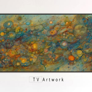 May include: Abstract painting with a swirling, organic pattern of blue, green, yellow, and orange. The painting features a variety of circular shapes and textures.
