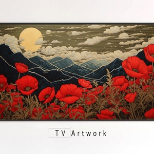 May include: A digital painting of a mountain landscape with a full moon in the sky. The foreground is filled with red poppies.