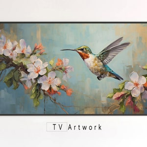 Samsung The Frame TV Art | Hummingbird and Flowers | Textured, Abstract, Animal Portrait | Digital Illustration for Display on Screens