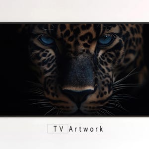 May include: Close-up of a leopard's face with blue eyes. The leopard's fur is black and brown with spots. The background is dark.