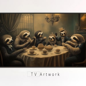 May include: A group of sloths, dressed in formal attire, are gathered around a table, enjoying tea and pastries. The sloths are wearing bow ties, waistcoats, and hats. The table is set with teacups, saucers, a teapot, and a plate of pastries. The scene is set in a dimly lit room with a chandelier hanging overhead.
