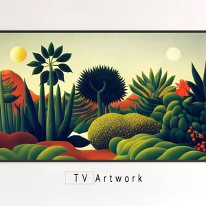 Pode incluir: Uma pintura de uma cena de selva exuberante com vegetação verde vibrante, colinas vermelhas e laranja e dois sóis amarelos no céu.