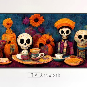 Marco de TV Samsung Arte. Una fiesta del té para los muertos. Colorido, Divertido, Arte Popular, Dia De Los Muertos. Arte digital para The Frame TV.