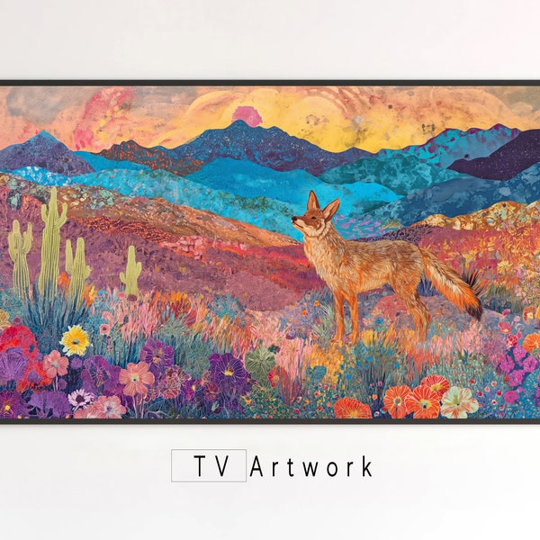 Samsung Frame TV Art | Pastel Coyote in Colorful Desert | Rugged, Desert, Landscape | Digital Illustration for Display and 4K Wallpaper