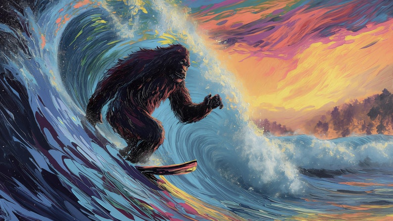 Digital Illustration for Virtual Display | Surfing Sasquatch | Colorful ...
