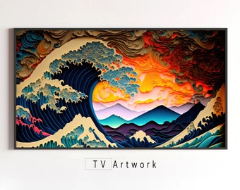 Cadre TV Samsung | Vagues de papier | Paysage coloré, abstrait et surréaliste | Illustration numérique pour affichage virtuel