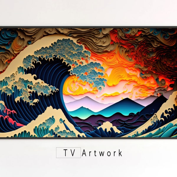 Samsung Frame TV Art | Papieren golven | Kleurrijk, abstract, surrealistisch landschap | Digitale afbeelding voor virtuele weergave