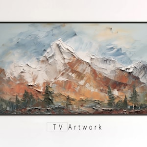 May include: A painting of a mountain range with a snowy peak, painted in a textured style with shades of blue, white, brown, and orange. The mountain range is surrounded by a forest of evergreen trees.