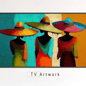 Puede incluir: Pintura abstracta de tres figuras con sombreros de ala ancha y vestidos coloridos. La obra presenta una técnica de empaste texturizada con pinceladas audaces y una paleta vibrante de verde, naranja, rojo y azul. El texto "TV Artwork" está en la parte inferior.