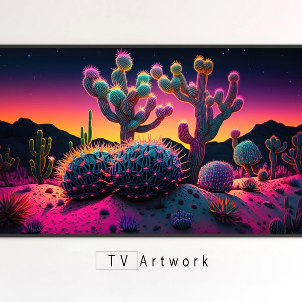 Cadre TV Samsung | Cactus coloré dans un désert vibrant | néon, désert, paysage | Illustration numérique pour écran et fond d'écran 4K