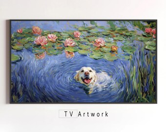 Illustration pour téléviseur avec cadre Samsung | chiot jouant dans un étang | Portrait d'animal coloré, mignon, | Oeuvre d'art numérique pour téléviseur The Frame.