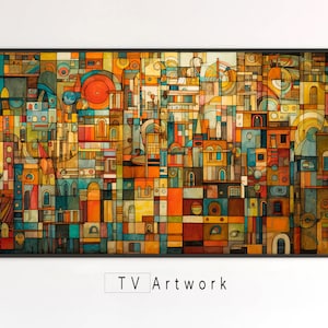 May include: Abstract geometric artwork with a colorful mosaic pattern in shades of orange, yellow, blue, green, and brown. The artwork is framed in black.