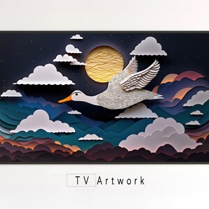May include: A paper art illustration of a white bird flying over a layered landscape of clouds and mountains. The background is a dark blue sky with stars and a yellow moon.