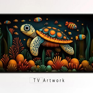 May include: A colorful illustration of a sea turtle swimming in a coral reef. The turtle is orange, yellow, and blue with white spots. The coral reef is a vibrant mix of orange, red, and green.
