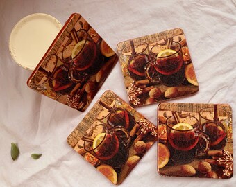 Cozy Spicy Warm Coasters- Set of 4, Decoupage on Wood