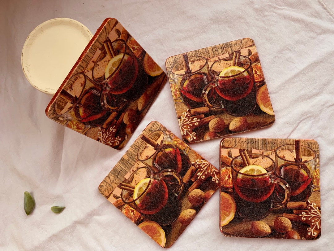 Cozy Spicy Warm Coasters Set of 4 Decoupage on Wood Etsy