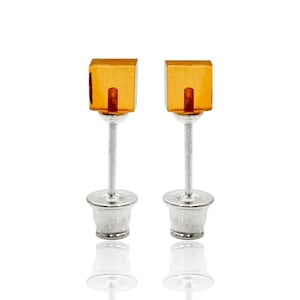 Natural Baltic Amber Cube Stud Earrings Sterling Silver Honey Cognac Cherry