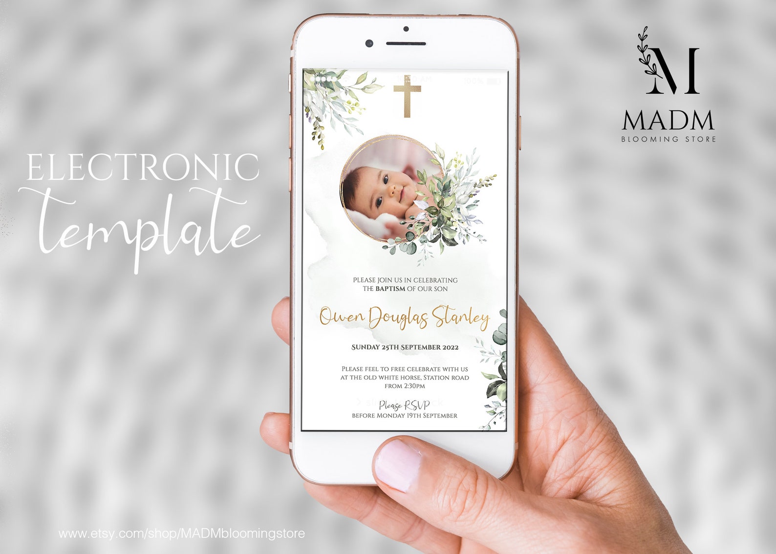 Baptism Electronic Invitation, Modern Baptism Christening, Gold