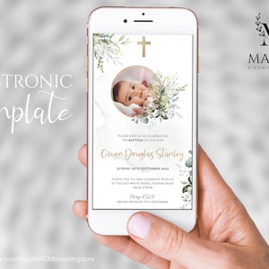 Baptism Electronic Invitation, Modern baptism christening, Gold Greenery Eucalyptus Baptism Invitation, Baptism Invitation, Digital invite