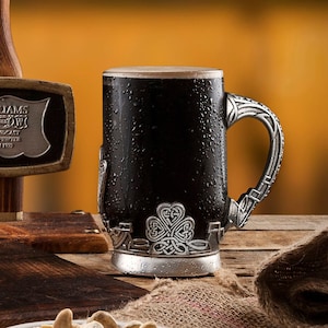 Irish Themed Glass Tankard - Celtic Knotwork Beer Mug, Personalised Gaelic Drinkware, St. Patrick&#39;s Day Pub Style Tankard, Irish Barware