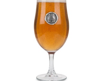Personalized Stemmed Pint Glass with Pewter Initial Monogram - Custom Engraved Beer Mug, Elegant Monogrammed Drinkware, Unique Gift Idea