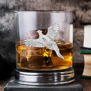 Engraved Pheasant Whisky Tumbler | Personalised Pewter Whisky Class | Pheasant Glasses | Pheasant Whisky Glass Tumbler with Pewter Base