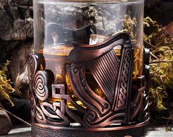 Handmade Irish Harp Whisky Tumbler in Chocolate Bronze Pewter - Celtic Knotwork Design - Personalized Engraving Option - A E Williams 1779