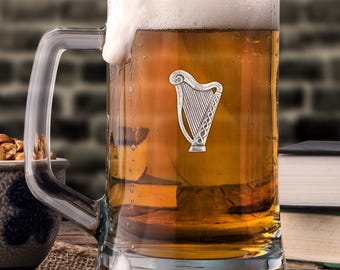 Irish Harp Beer Tankard | Celtic Music Gift | Engraved Beer Mug Glass | Personalised Beer Mug Glass | Handcrafted by A E Williams Pewter