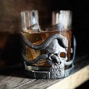 Handcrafted Skull & Snakes Pewter Whisky Glass -Gothic  Design - Unique British Made Tumbler for Whisky Lovers - Distinctive Barware Gift