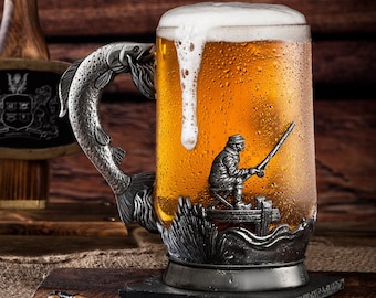 Fishing Themed Glass Tankard - Angler's Beer Mug, Personalized Fisherman Gift, Rustic Fishing Motif Stein, Outdoor Sports Engraved Glassware