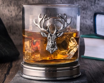 Stag Head Whisky Tumbler with Pewter Base - Handcrafted Rustic Whisky Glass, Luxury Scottish Stag Drinkware, Unique Gift for Whisky Lovers
