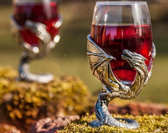 Handcrafted Pair of Dragon Wine Glasses - Unique Fantasy Barware, Perfect Gift for Dragon Lovers - High-Quality British Handmade Glassware