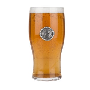 Personalized Birthday Pint Glass with Pewter Number Monogram - Custom Age Beer Mug, Engraved Milestone Celebration Glassware Birth Year Gift