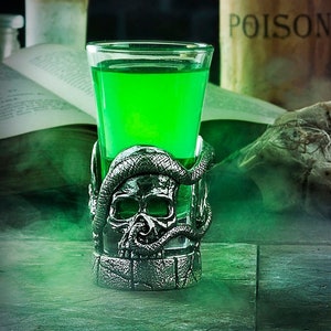 Skull & Snakes Pewter Shot Glass Holder - Gothic Serpent Drinkware Stand, Unique Biker Bar Decor, Macabre Halloween Whisky Accessory