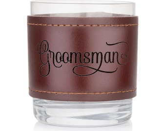 Groomsman Toasting Glass - Handcrafted Crystal & Leather Tumbler - Elegant Wedding Squad Drinkware - Sophisticated Groomsman Gift