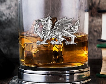 Welsh Dragon Whisky Tumbler | Welsh Dragon Engraved Crystal Whisky Glass | Tumbler Gift | Whisky Glass | Handcrafted by A E Williams Pewter
