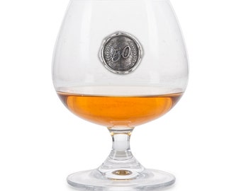 Personalized Brandy Glass with Pewter Birthday Number Monogram - Custom Engraved Brandy Cup, Elegant Monogrammed Drinkware, Unique Gift Idea