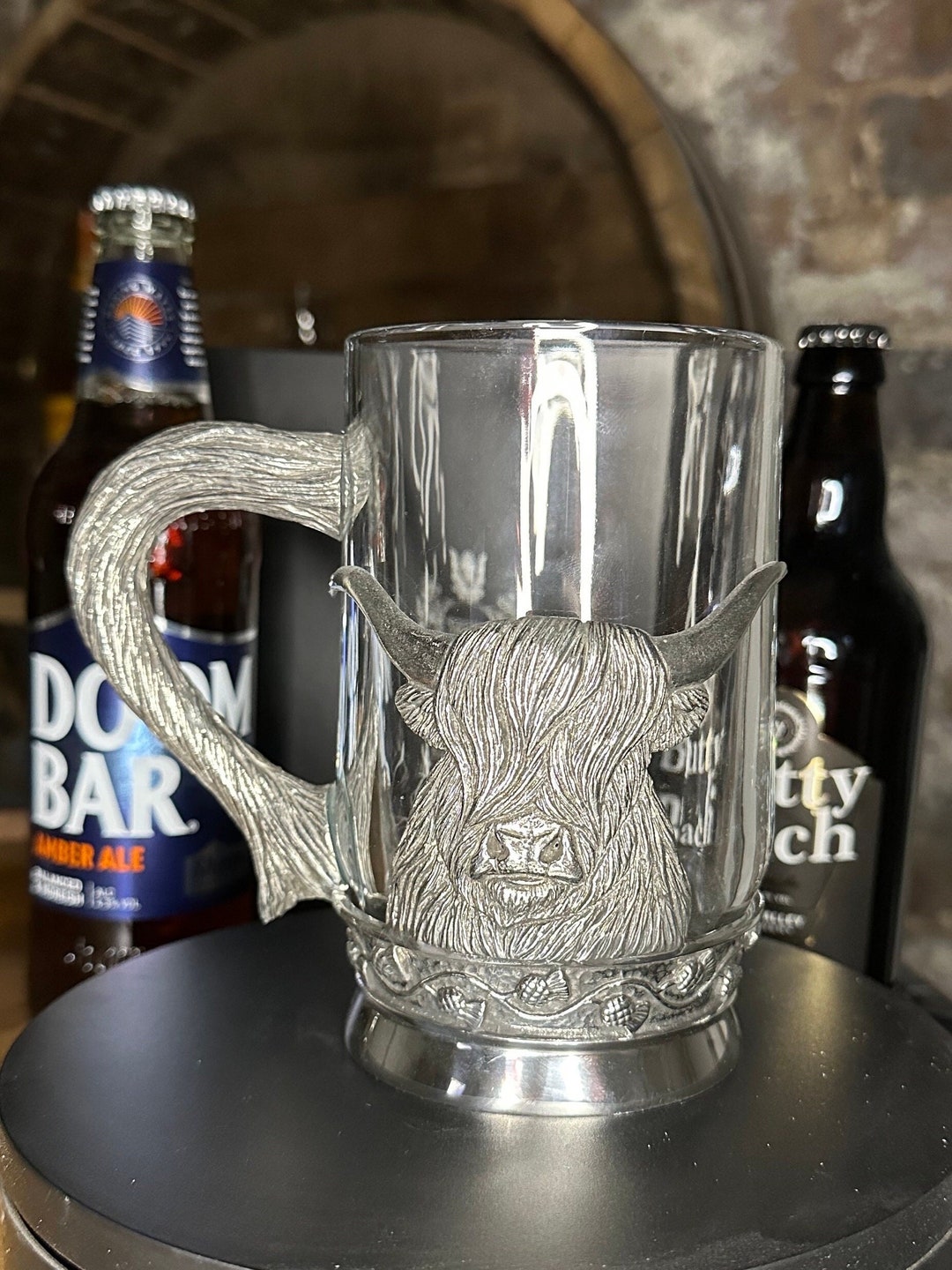 Highland Cow Pewter and Glass Tankard Scottishthemed Barware Quirky