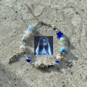 Corpse bride emily tim burton inspired blue angel wing charm star charm fairycore silver handmade bracelet
