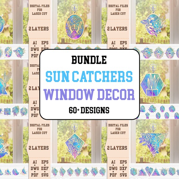 Bundle 60+ SunCatcher, SunCatcher Glowforge Laser Cut File, Animal Suncatcher, Floral Sun Catcher Svg, Sun catchers SVG File, Sun Catcher