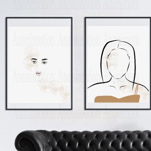 ミニマリストの顔、補完セット、ミニマリストの肖像画、線画、顔のない肖像画、目と唇のミニマリスト、デジタルアート、プリント壁、ギフト