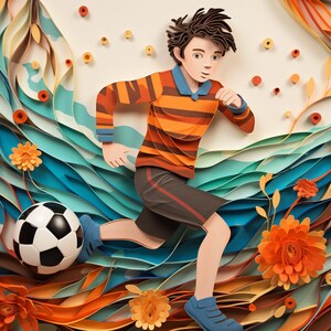 以下が含まれることがあります： 黒と白のサッカーボールを持って走る人物を描いたペーパークイリングのアート作品。人物はオレンジと茶色のストライプの長袖シャツとダークカラーのショートパンツを着用しています。背景は層状の紙の渦巻きとオレンジ色の花で構成されています。