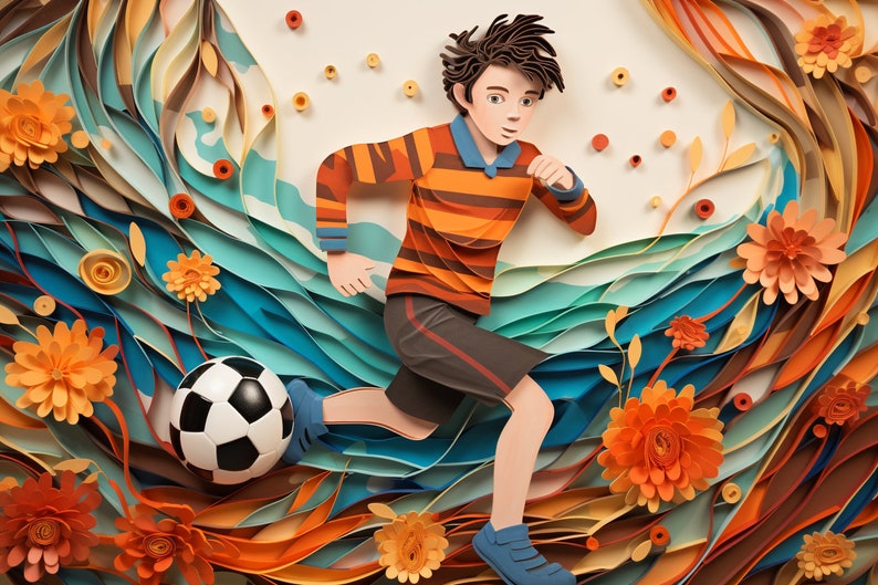 以下が含まれることがあります： 黒と白のサッカーボールを持って走る人物を描いたペーパークイリングのアート作品。人物はオレンジと茶色のストライプの長袖シャツとダークカラーのショートパンツを着用しています。背景は層状の紙の渦巻きとオレンジ色の花で構成されています。