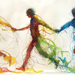 以下が含まれることがあります： 手をつないで一列に並んだ5人の人物を描いた横長のアート作品。ピンク、黄色、緑、青、紫の各人物は、動きを感じさせる混沌とした走り書きのような線で表現されており、それぞれの色が鮮やかに際立っています。