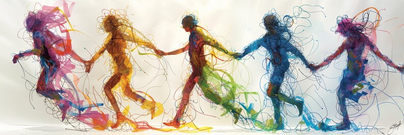 以下が含まれることがあります： 手をつないで一列に並んだ5人の人物を描いた横長のアート作品。ピンク、黄色、緑、青、紫の各人物は、動きを感じさせる混沌とした走り書きのような線で表現されており、それぞれの色が鮮やかに際立っています。