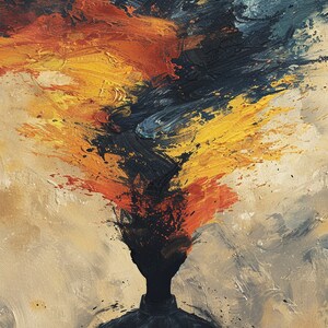 以下が含まれることがあります： 肩から上の人物の暗いシルエットを描いた油絵。頭部から鮮やかなオレンジ、黄色、深い青の絵具が厚く質感のある筆致で噴き出しており、背景は落ち着いたベージュで、全体にテクスチャーが施されている。
